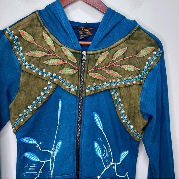 Rising International Stonewash Blue Zip up Hooded Jacket Size Small Embroidered - Picture 3 of 10